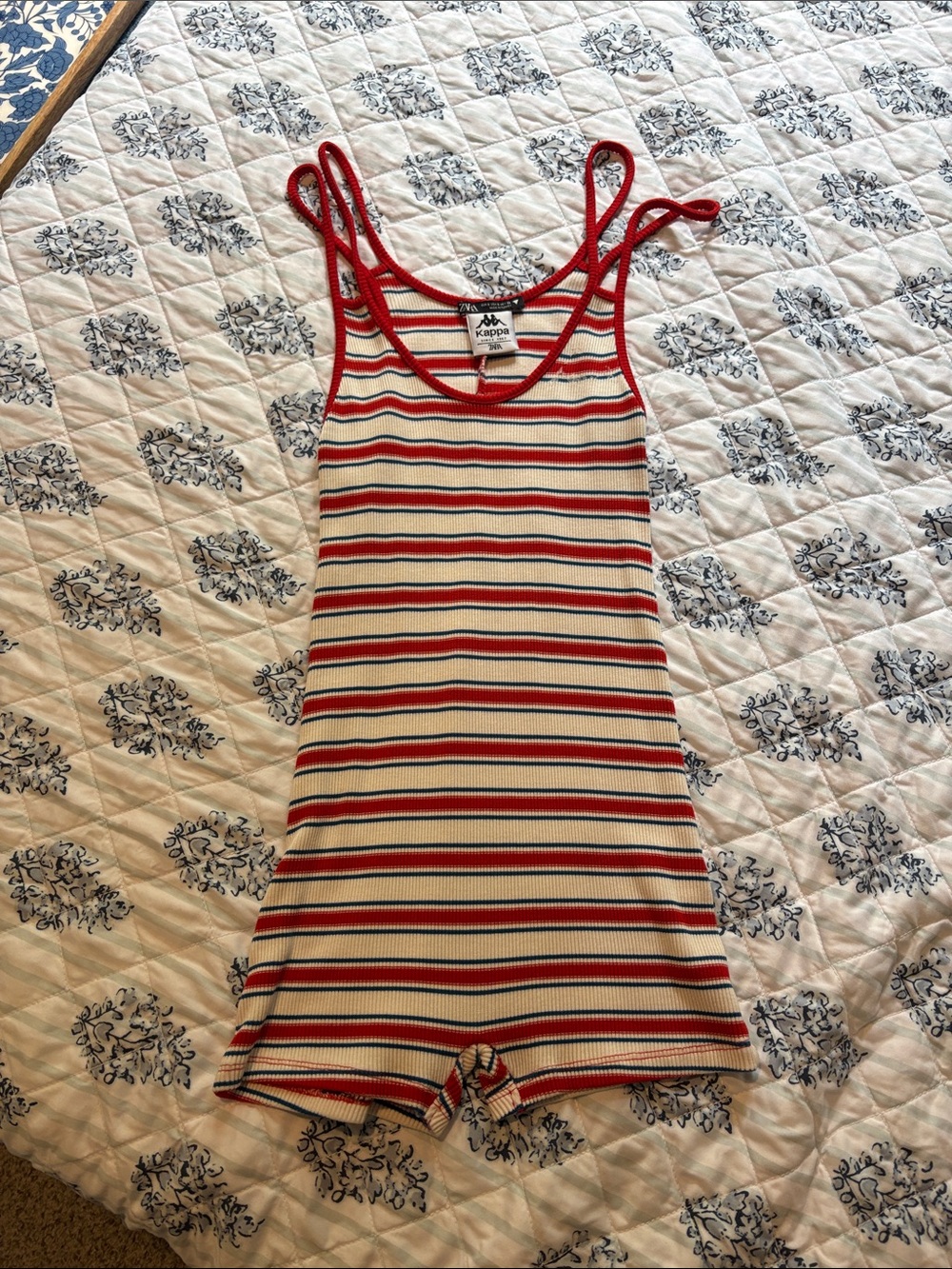 Kappa Striped Ribbed Tank Romper in Red, Cream, Navy